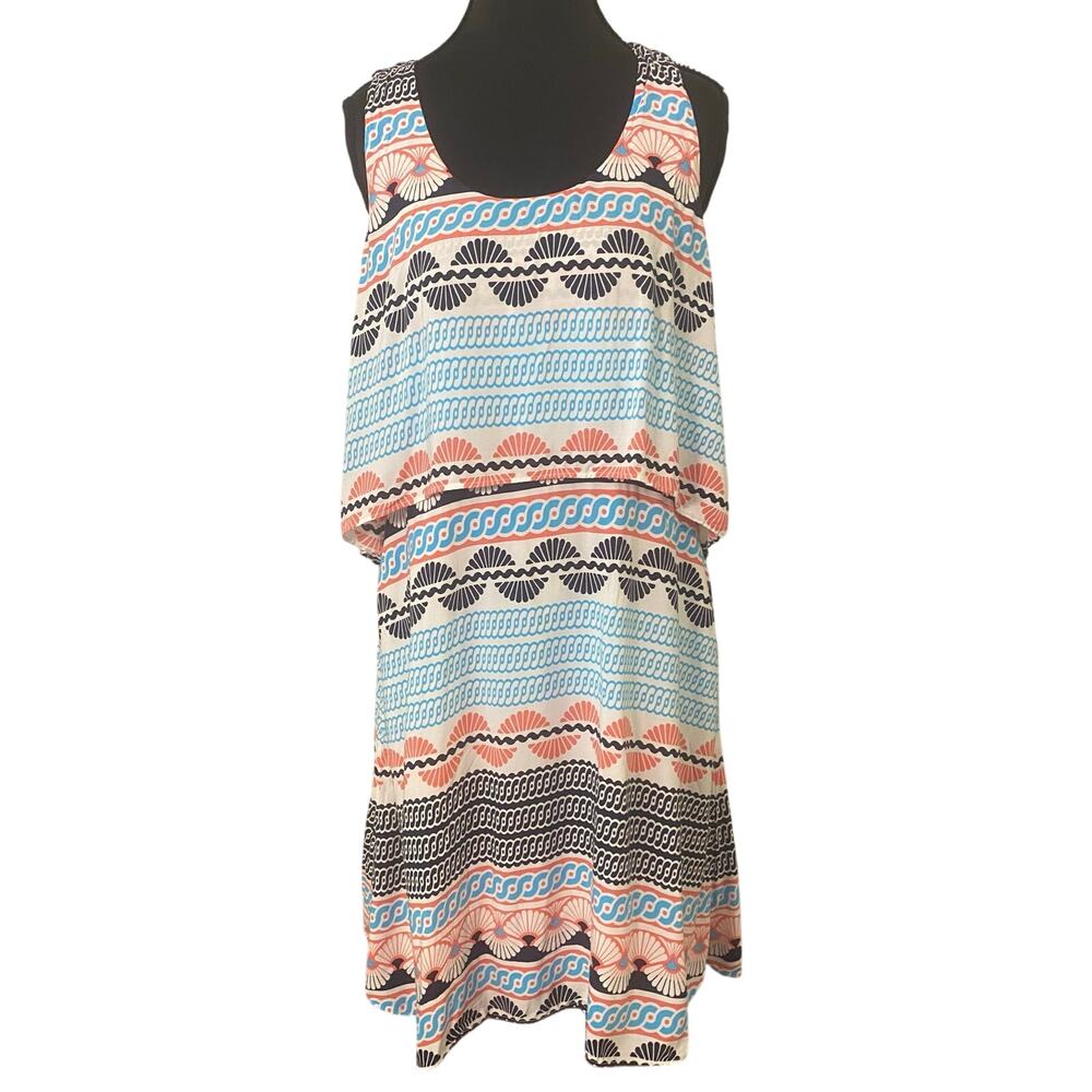 Crown & Ivy Size 12 Geometric Print Overlay Shift Dress Blue Coral Resort Vacay